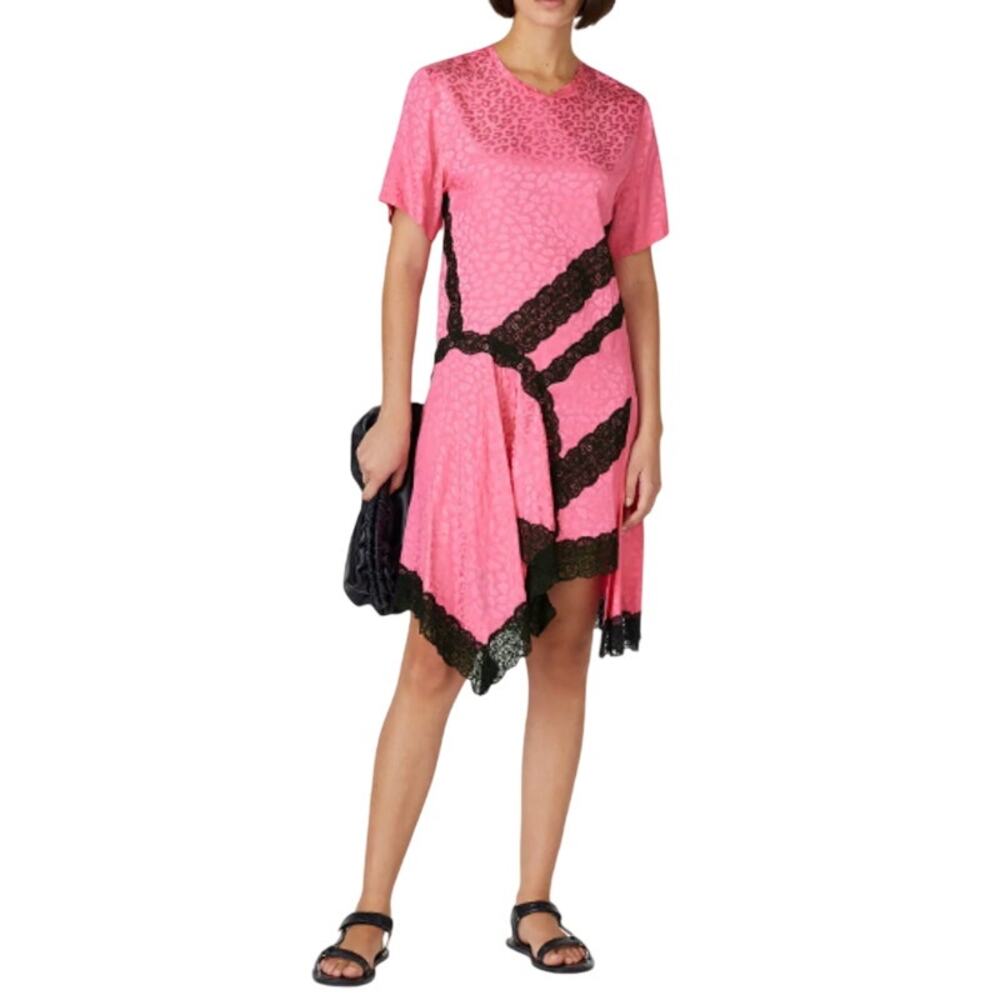 Koche Collective Pink Leopard Print Satin Black Lace Asymmetrical Dress Medium